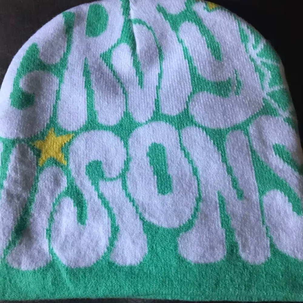 Green and White Graphic Beanie